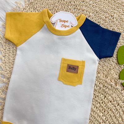   Conj. Body Manga Curta Bicolor com Bolsinho e Calça Tigre - Amarelo e Marinho